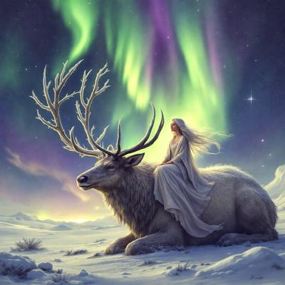 Primary subject: A woman sitting on a large white deer.

Setting/background: The woman is sitting on a snow-covered hill, with a beautiful night sky in the background.

Visual style: The image is a digital art illustration.

Colors and mood: The scene is set against a purple and green sky, creating a serene and magical atmosphere.